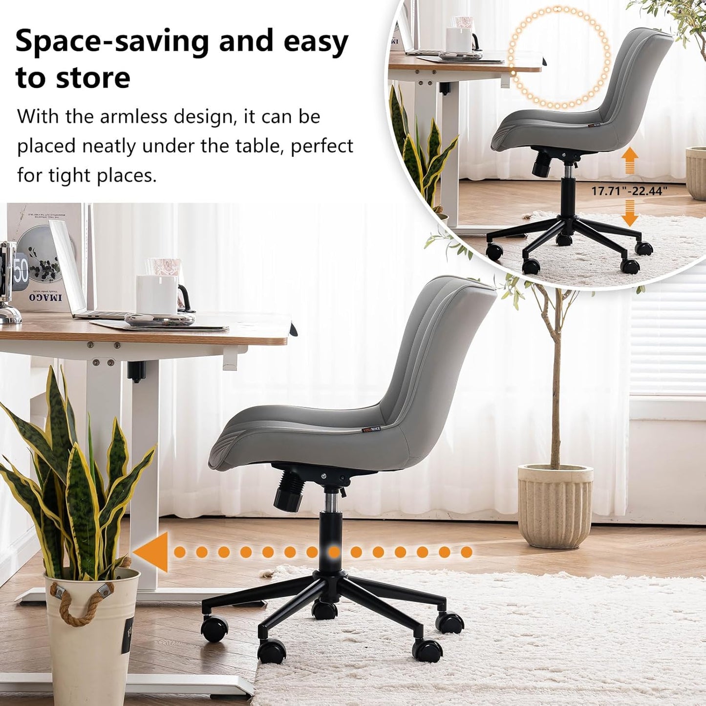 YOUNIKE Grey Home Office Desk Chair with Wheels Ergonomic Comfy Armless Vanity Chair with Back Modern Leather Upholstered Rolling Task Chair Small Cute Computer Drafting Sewing Chair Swivel Adjustable