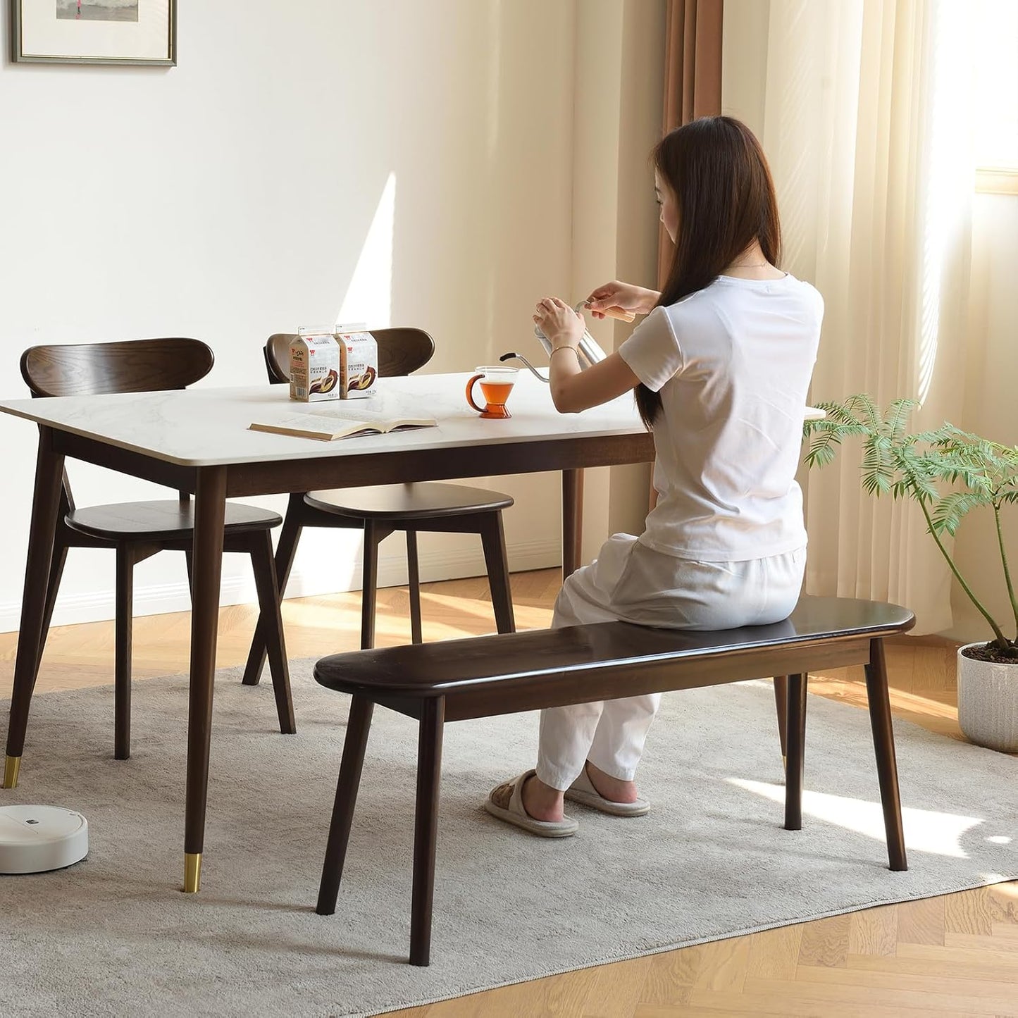 Walnut Solid Wood Bench, 47.3" L – Narrow Mid-Century Wooden Bench for Entryway, Kitchen, Dining, Bedroom & Shoe Storage