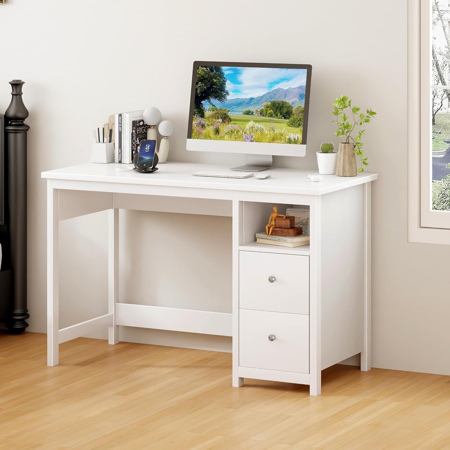 BHG White Desk with Drawers,Modern Small Computer Desk for Home Office, Makeup Vanity Desk Dressing Table for Bedroom,Filing Cabinet Writing Table PC Desks for Study (White, 39.3")