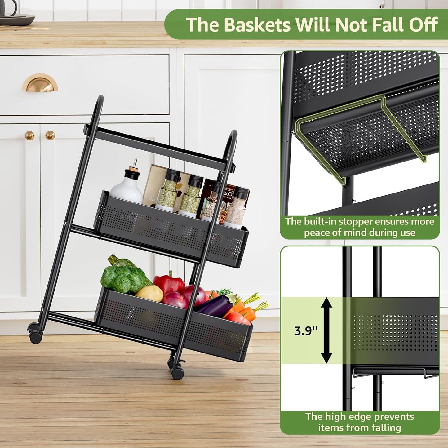 KINGRACK 3-Tier Slim Storage Cart with Pull Out Basket, Rolling Bathroom Organizer Utility, Metal Shelving Unit Slide Out, Lockable Wheels, Easy Assembly for Narrow Place, Kitchen, Laundry Room, Black