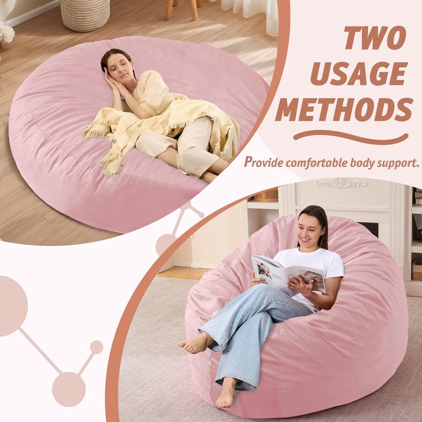 7FT Bean Bag Chair with Ultra Soft Velvet Cover Bean Bag Sofa with Memory Foam Bean Bag Chairs with Large Size Lazy Sofa for Dorm Office Living Room Bedroom Light Pink 7'