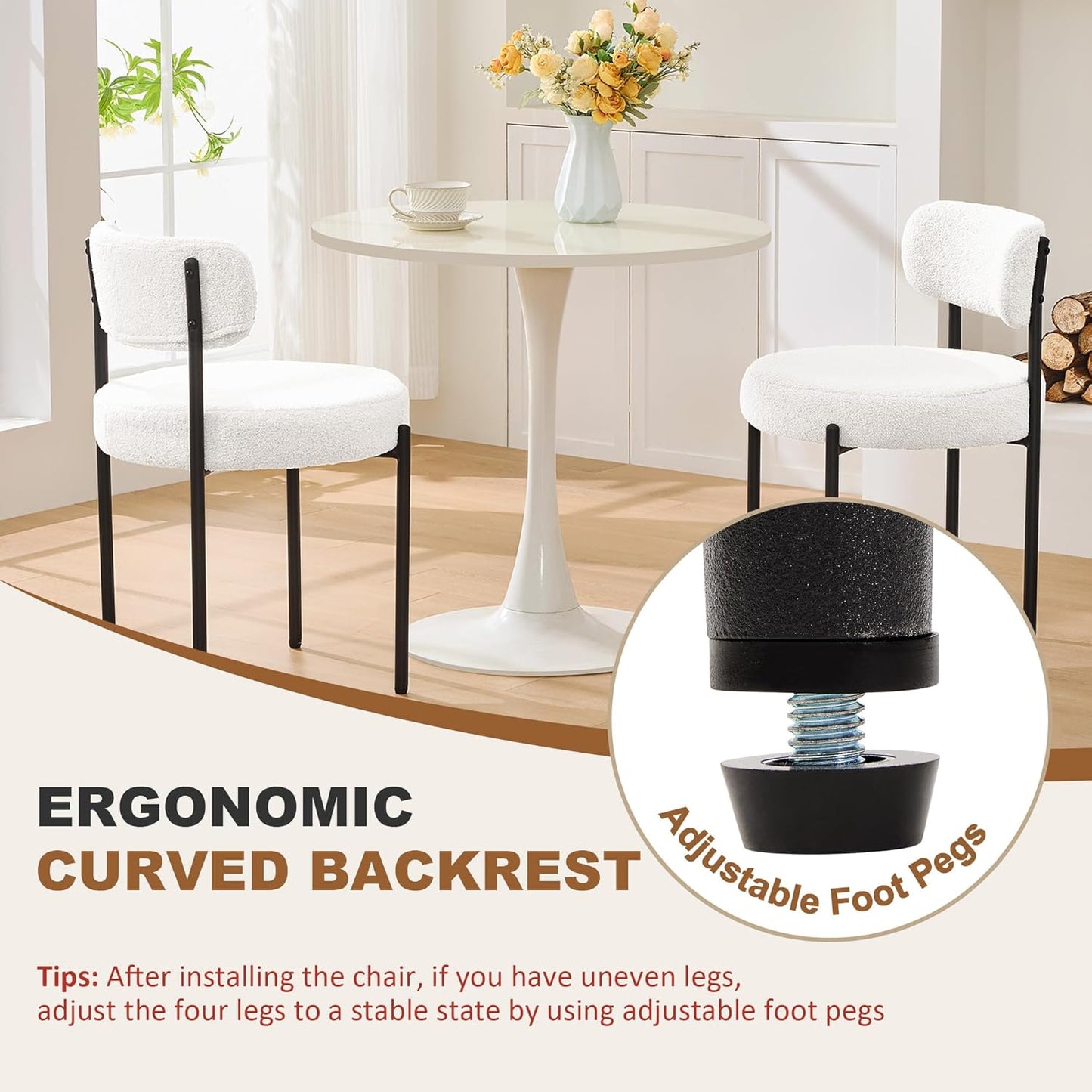 Dining Chairs Set of 2, White Boucle Dining Chair, Curved Backrest Upholstered Dining Room Chairs with Black Metal Legs, Mid Century Modern Dining Chairs for Kitchen, Living Room, White