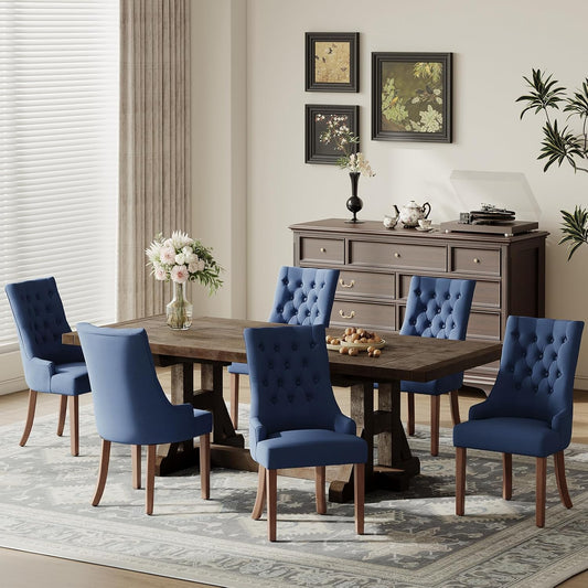 COLAMY Wingback Upholstered Side Dining Room Chairs Set of 6, Fabric Dining Chairs with Tufted Button, Living Room Chairs for Home Kitchen, Blue