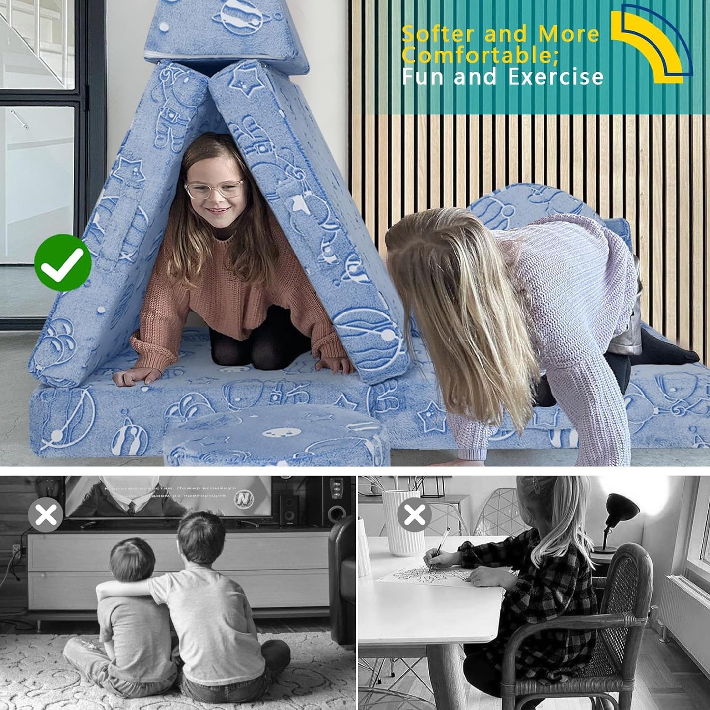 MeMoreCool Modular Glow Sofa for Kids, Space-Themed 8-Piece Convertible Foam Couch Play Set with Celestial Patterns for Toddlers and Playroom