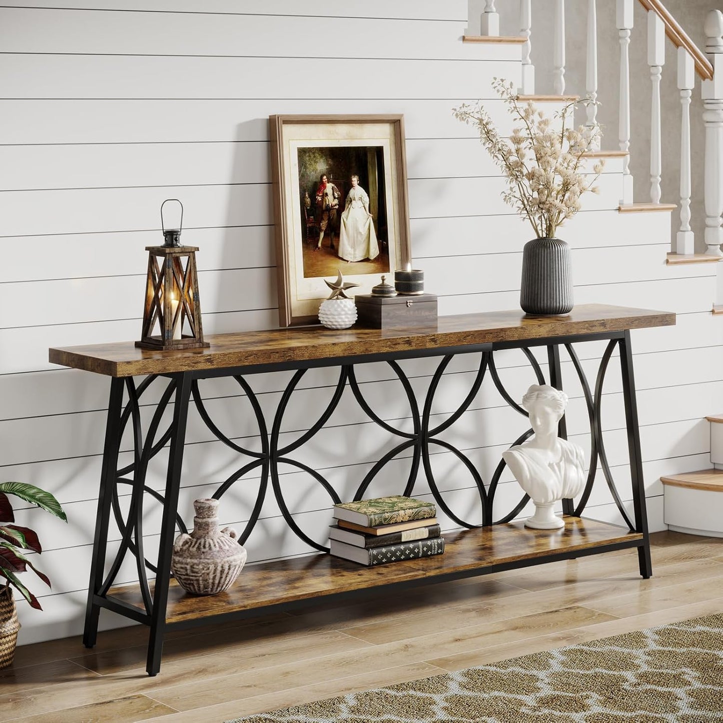 70.9-Inch Sofa Table, 2-Tier Narrow Console Table with Storage for Living Room, Entryway, Hallway, Foryer, Geometric Pattern Design (Rustic Brown)