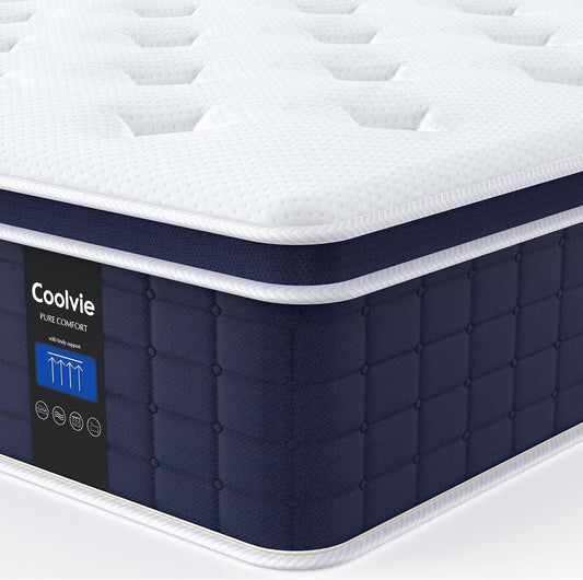 Coolvie 12 Inch King Size Mattress, Hybrid King Mattress in a Box, 3 Layer Premium Foam with Pocket Springs for Motion Isolation and Pressure Relieving, Medium Firm Feel, 100-Night Trial