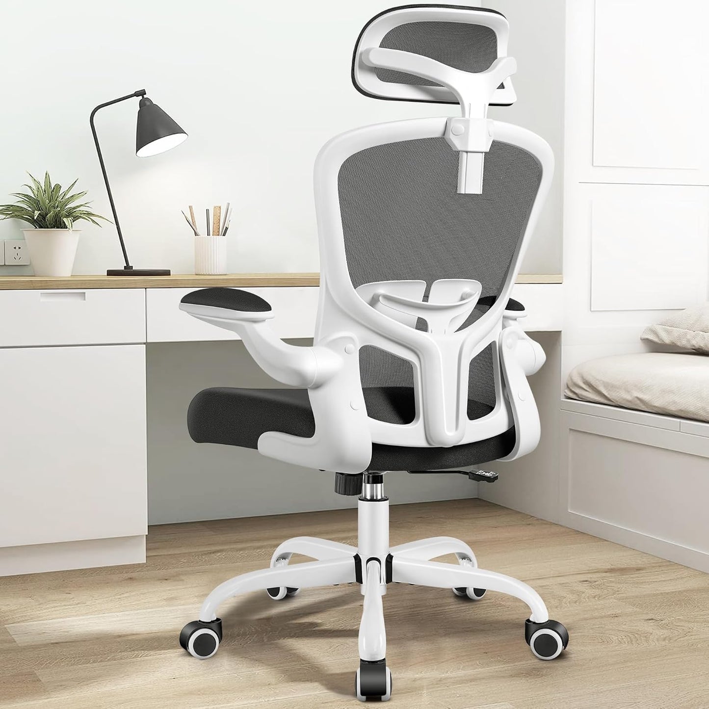 FelixKing Office Chair with Headrest, Home Office Desk Chairs with Flip-Up Armrests, Adjustable Height Ergonomic Office Chair Lumbar Support, Mesh Backrest Computer Chair (White)