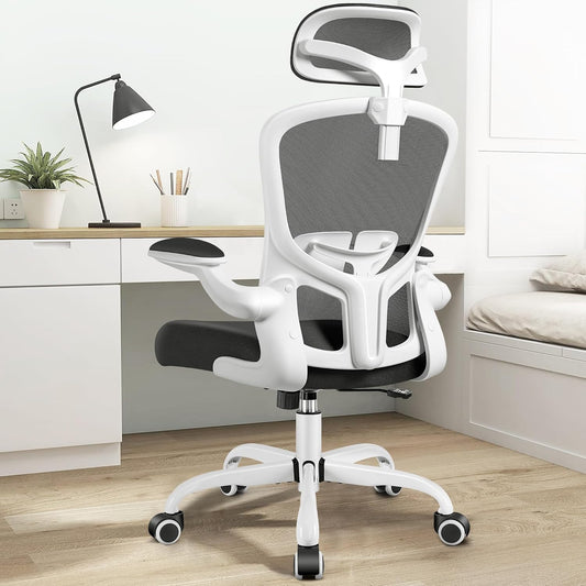 FelixKing Office Chair with Headrest, Home Office Desk Chairs with Flip-Up Armrests, Adjustable Height Ergonomic Office Chair Lumbar Support, Mesh Backrest Computer Chair (White)