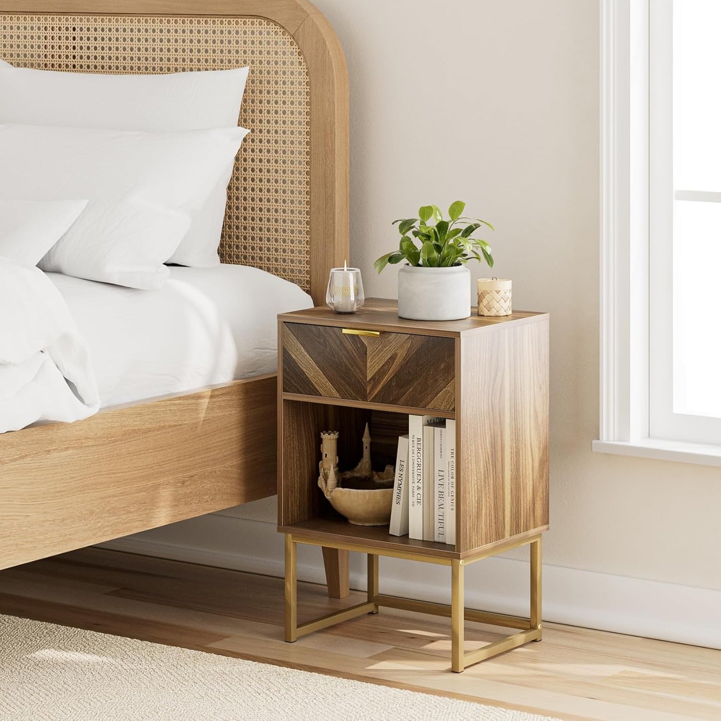 Masupu Extra Large Nightstand,Boho Night Stand Modern Farmhouse Wood Bedside Table with Storage Drawer and Open Shelf,Side End Table for Bedroom,Living Room,Office Brown