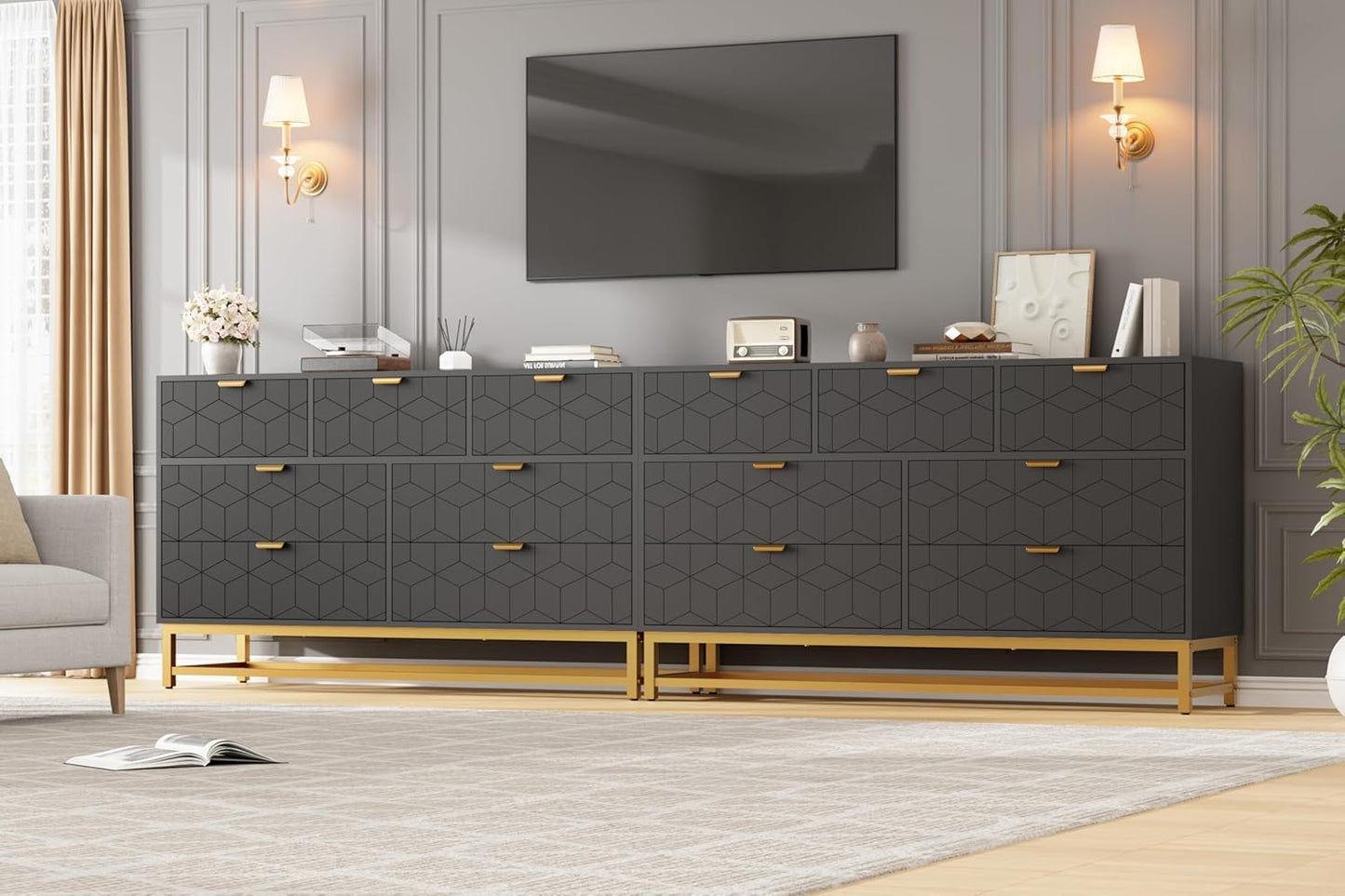 GAOMON Dresser for Bedroom, 53.5" Wide Dresser Organizer, 7 Drawer with Golden Metal Handle and Legs, Modern Chest of Drawers for Closet, Hallway, Living Room, Entryway, Black