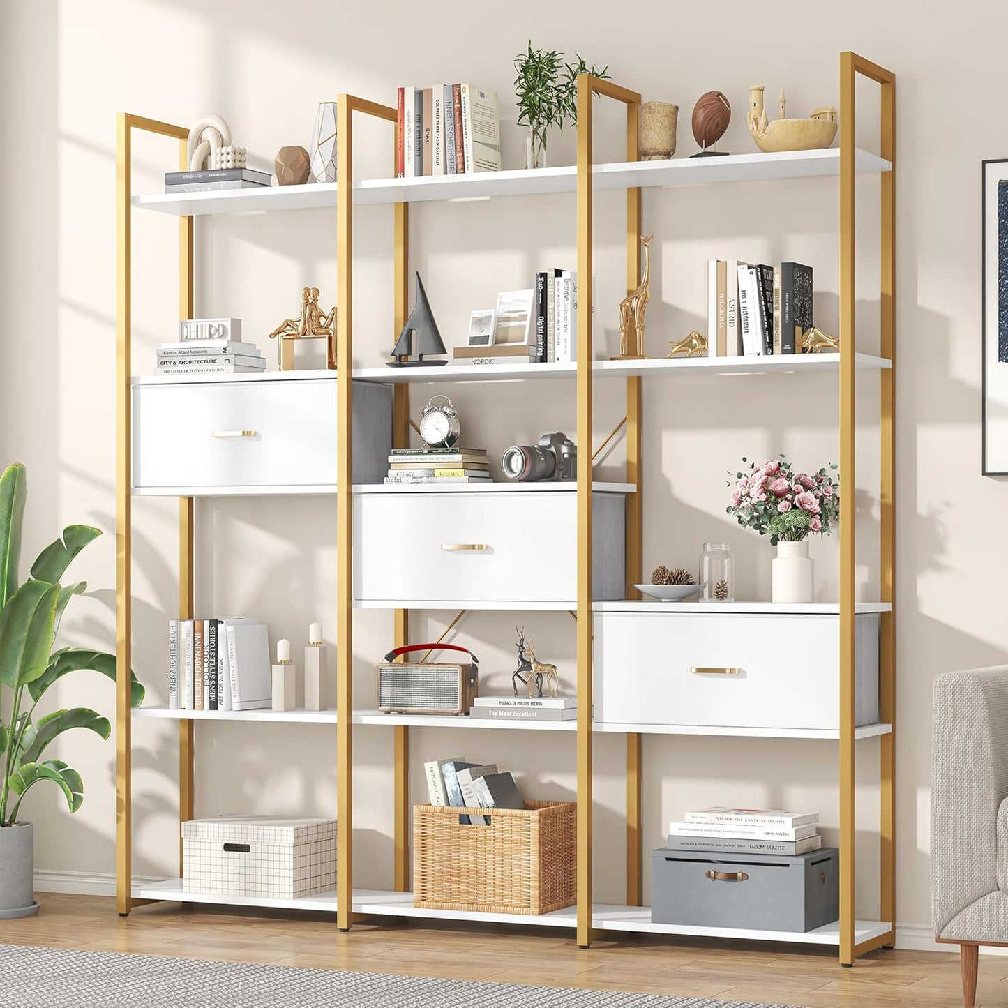 73.6" Tall Bookshelf with 3 Drawers and 16 Storage Shelves, Industrial Bookcase with 16 Open Display Shelves, Large Etagere Bookshelf, Triple Wide Book Shelf Book Case for Home & Office, Gold