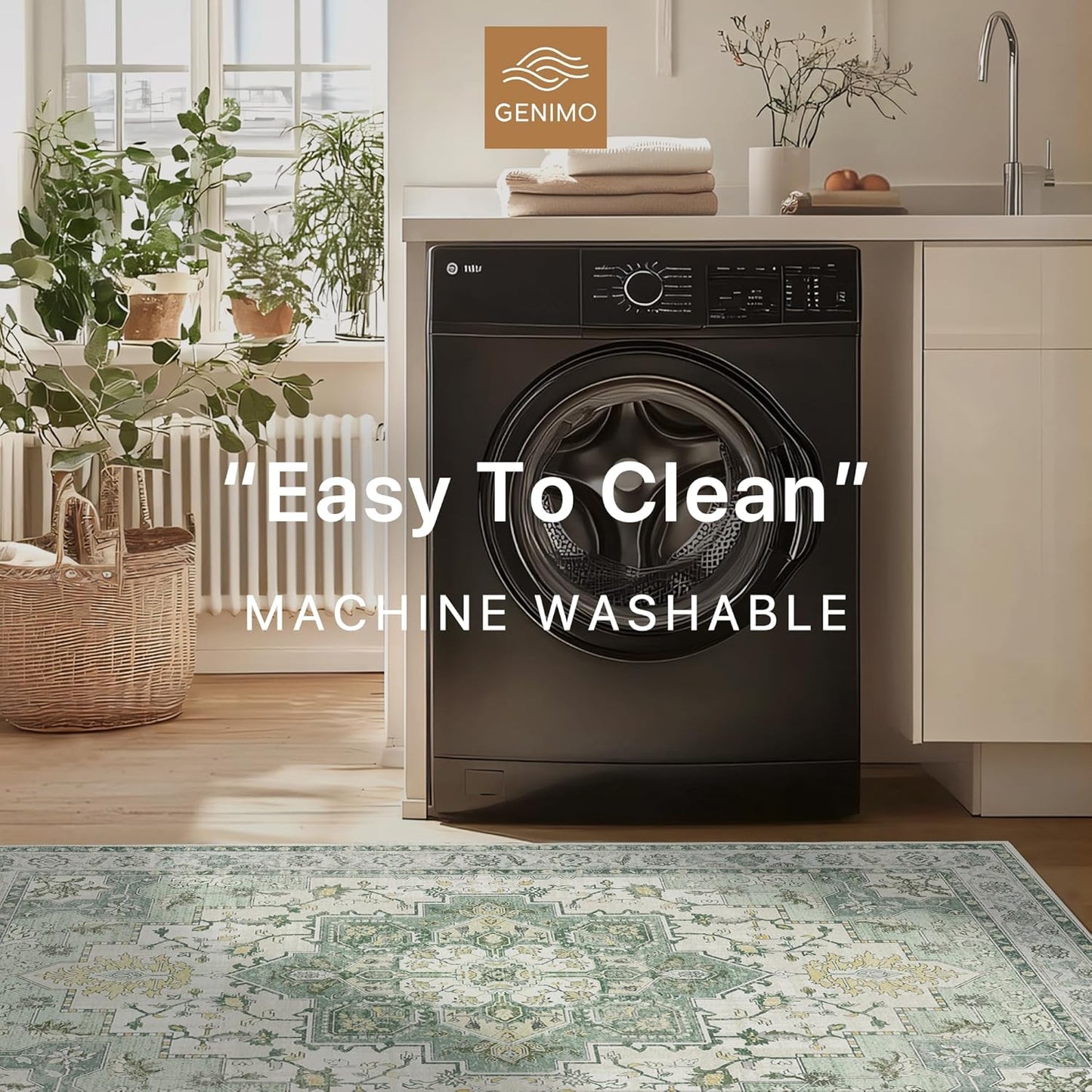 GENIMO 3x5 Area Rugs for Living Room, Machine Washable Non Slip Vintage Rugs, Low Pile Lightweight Chenille Print Rug for Bedroom, Dining Room, Home Office, Green