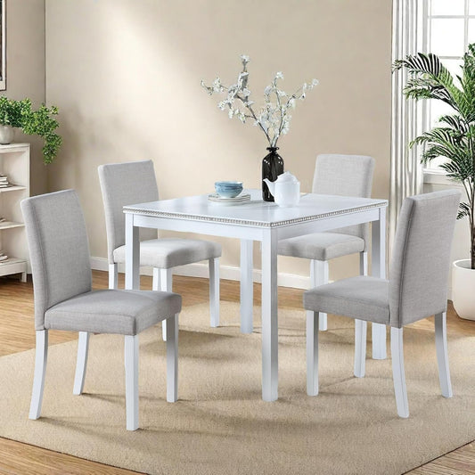 Dining Table Set for 4, 5-Piece Kitchen Table & Chairs Set with Versatile Square Table & 4 Upholstered Chairs, 34.5'' Dinner Set with Crystal Decorations & Wood Grain Design, Light White