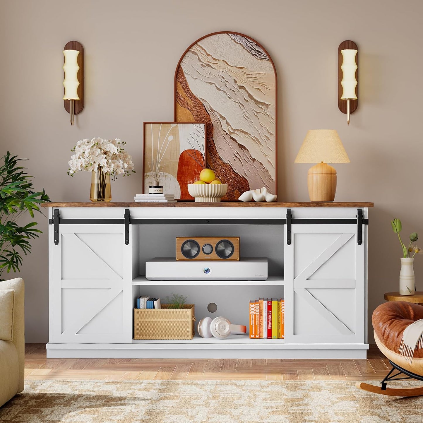 YESHOMY TV Stand for Televisions up to 65 Inchs, with Sliding Barn Doors and 4 Storage Drawers, Console Table and Media Furniture for Living Room, 58 Inch, Milk White