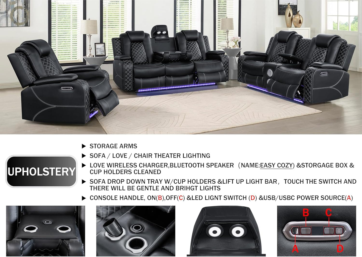 Ball & Cast Power Recliner Sofa Set Leather Reclining Sofa Set Living Room Furniture Set 3PCS Recliner Couch Loveseat and Chair Sets with LED,USB Charging,Cup Holders,Storage Console for Home Theater