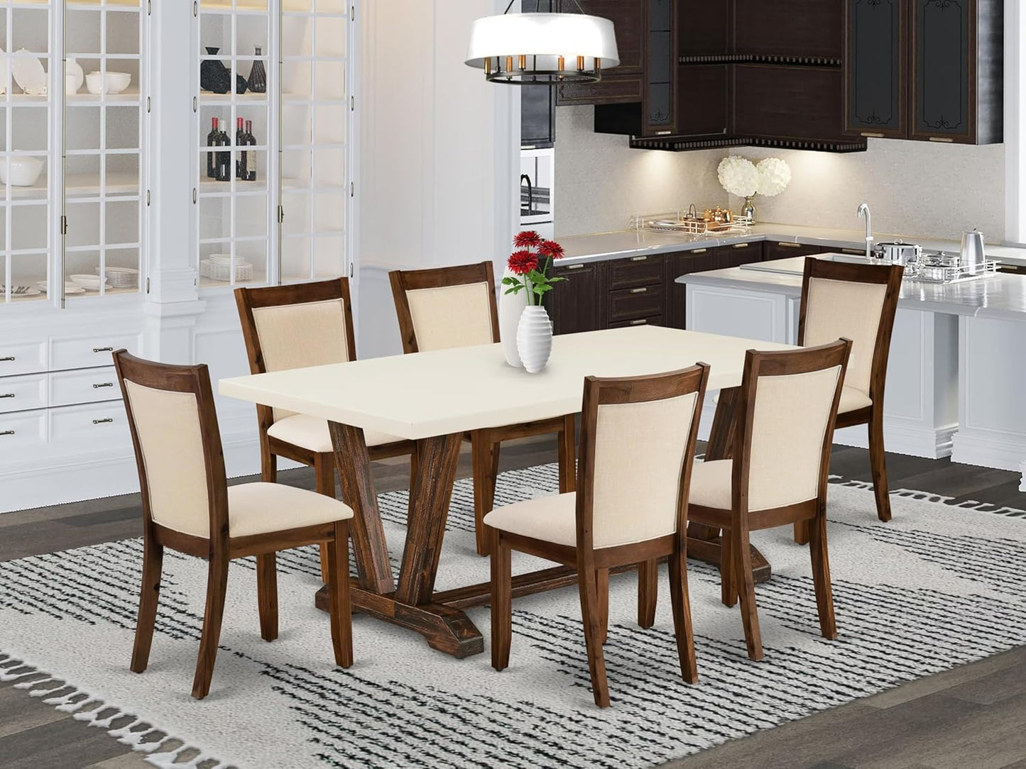 East West Furniture V727MZN32-7 7 Piece Dining Table Set Consist of a Rectangle Kitchen Table with V-Legs and 6 Light Beige Linen Fabric Parson Dining Chairs, 40x72 Inch, Multi-Color