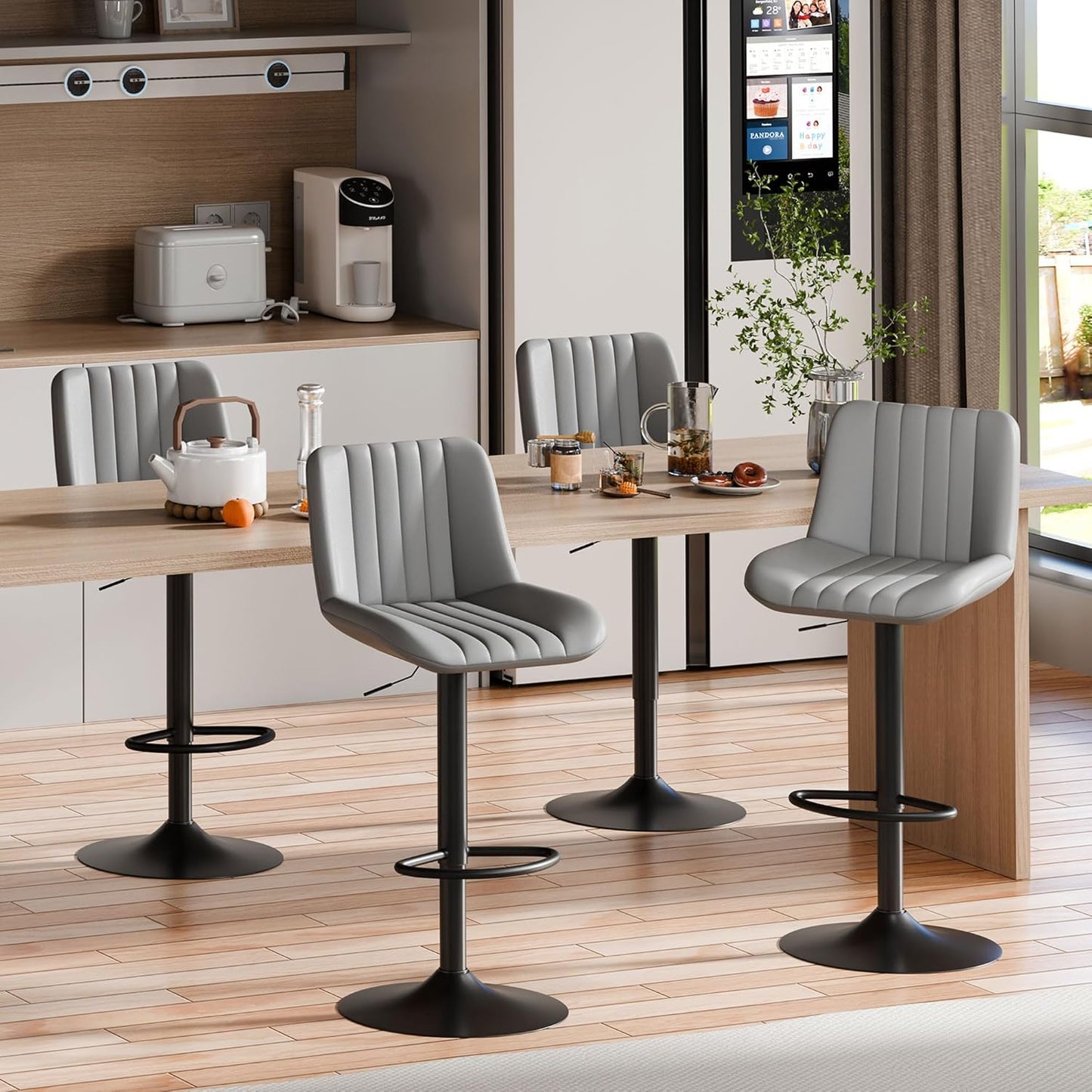 Shintenchi Swivel Bar Stools Set of 4, Adjustable Faux Leather Upholstered Swivel Counter Stools, Armless Bar Height Island Chairs with Back and Footrest, Gray