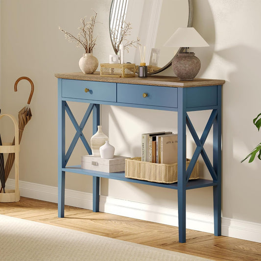 ChooChoo Console Table with Drawers, Narrow Wood Accent Sofa Table Entryway Table with Storage Shelf for Entryway, Front Hall, Hallway, Living Room, Blue