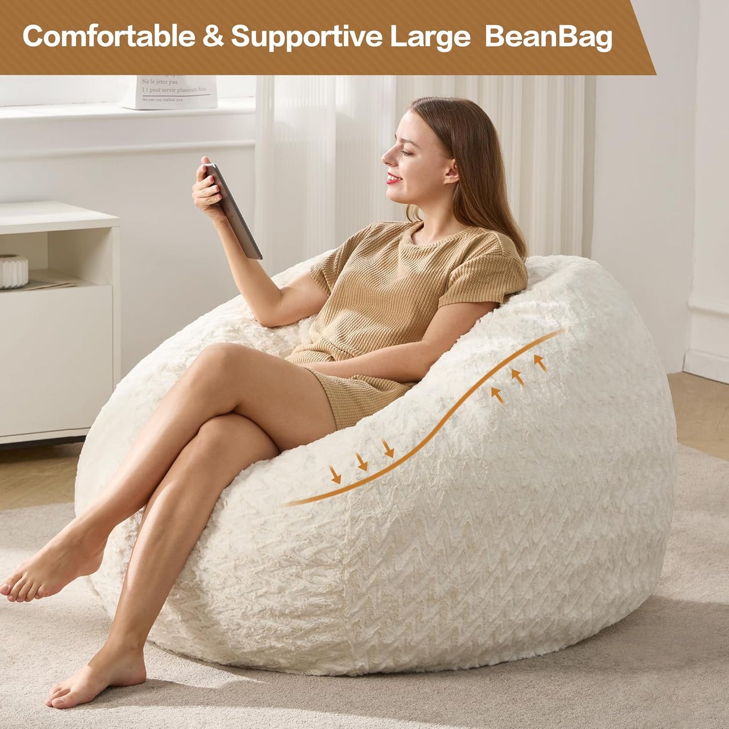 Hobestluk 4ft Bean Bag Chairs for Adults Large Beanbag Chair with Chevron Plush Fur Cover Big Bean Bag Chair for Living Room Bedroom Dorm Office - White (44” x 44” x 24”)