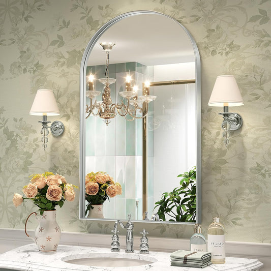 Brightify Arched Mirror, Arched Wall Mirror, 24 x 40 Inch Silver Arch Mirror, Metal Frame Black Bathroom Mirror, Arched Top Bathroom Vanity Mirror for Living Room Bedroom Mantel Entryway Hallways