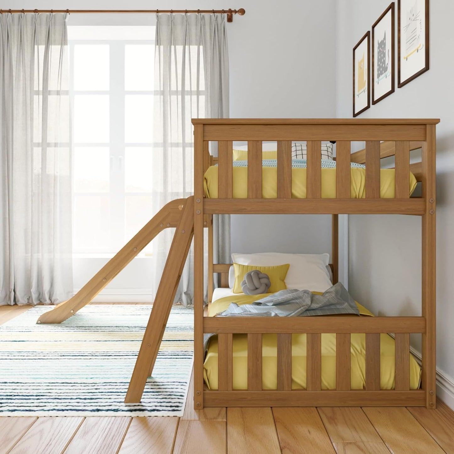 Max & Lily Twin Over Twin Low Bunk with Slide and Ladder, Wooden Bunk beds with 14” Safety Guardrail for Kids, Toddlers, Boys, Girls, Teens, Bedroom Furniture, Pecan