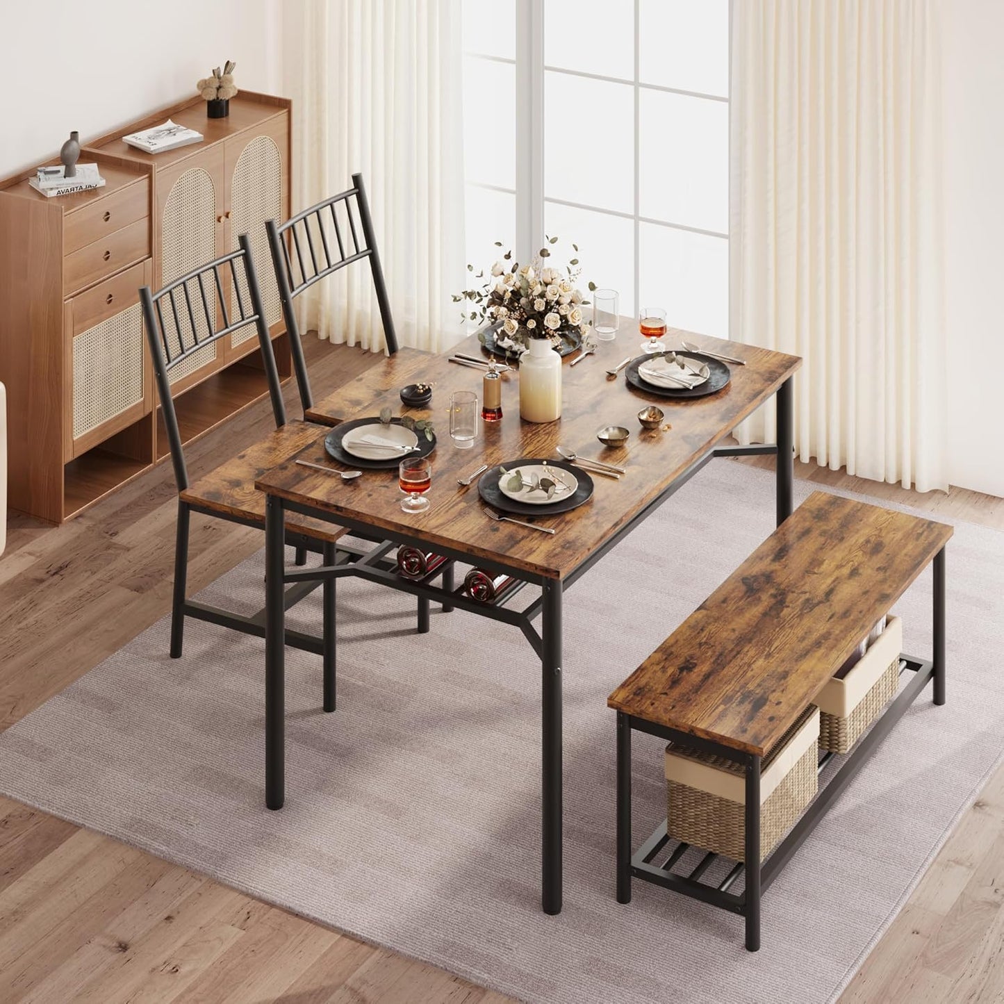Dining Table Set for 4, Kitchen Table for 4 with Bench and 2 Chairs, 4-Piece Dining Table Set for Apartment, Small Space, Brown