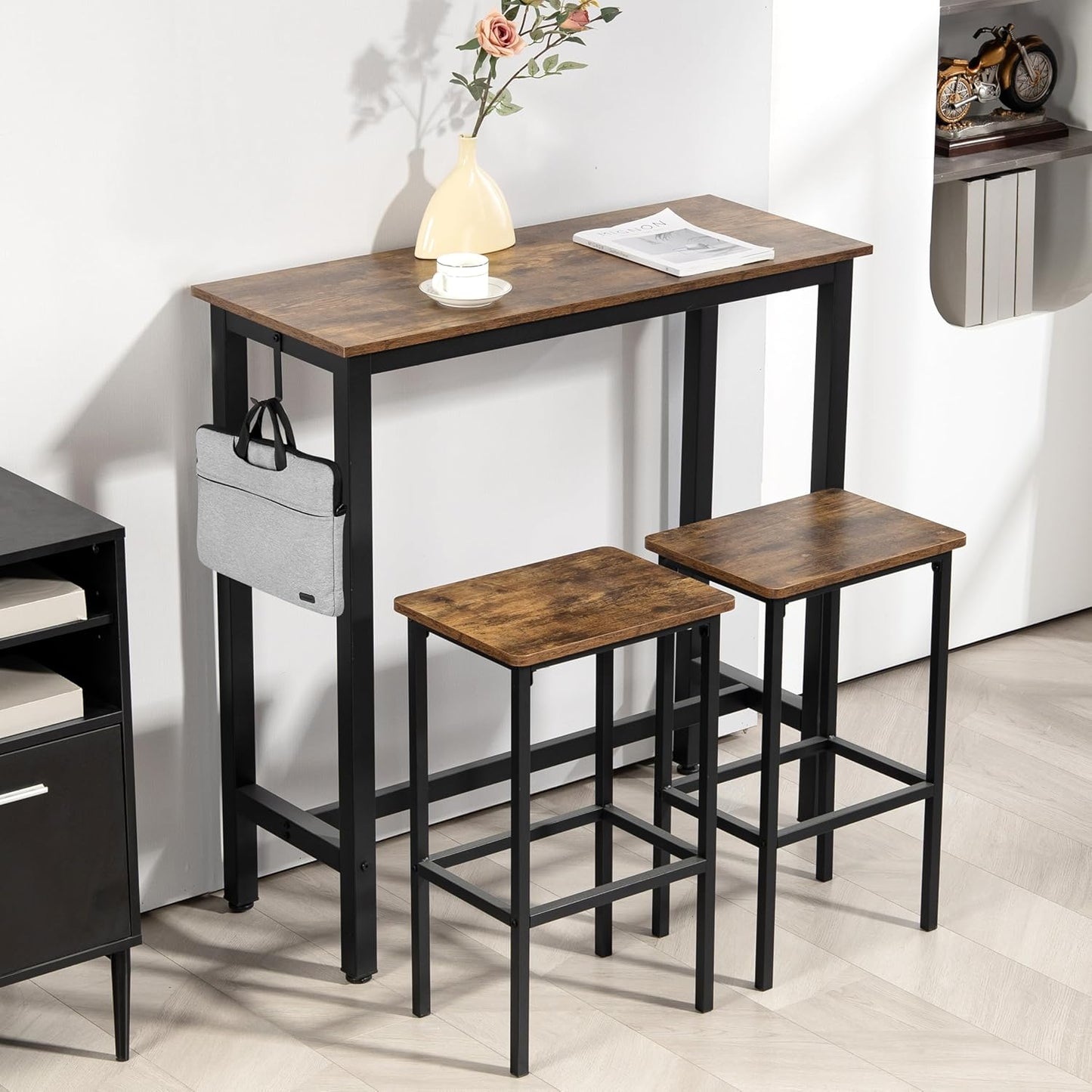 Finnhomy Bar Table Set, 39.3" Pub Table High Top Table, Rectangular Bar Height Table, Bar Table with Stools, Kitchen Table Set for 2, Industrial Breakfast for Kitchen, Living Room, Rustic Brown