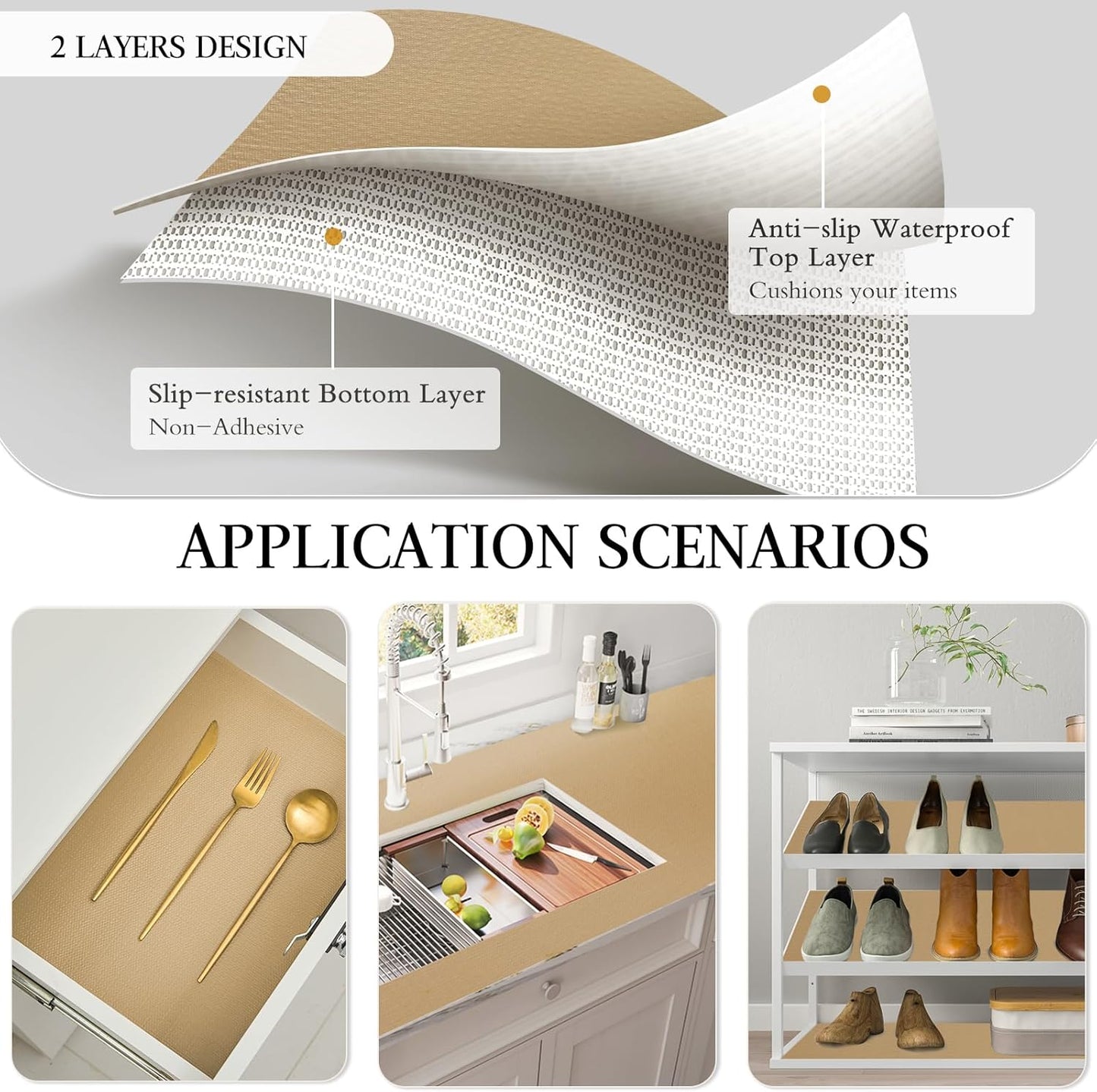 Beautysaid Shelf and Drawer Liner for Kitchen Cabinet, Non Adhesive Non Slip Shelf Paper Waterproof Washable Thickened for Dresser Pantry Shelve Bathroom Protector Liner(Beige,12 in x 20FT)