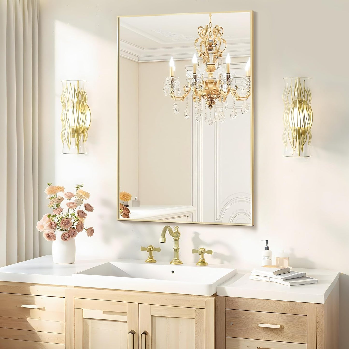 Bathroom Mirror 24"x36", Gold Vanity Mirror with Brushed Metal Frame & Tempered Glass, Rectangle Wall Mirror Mounted, Rust-Resistant for Bedroom, Entryway and Living Room Decor