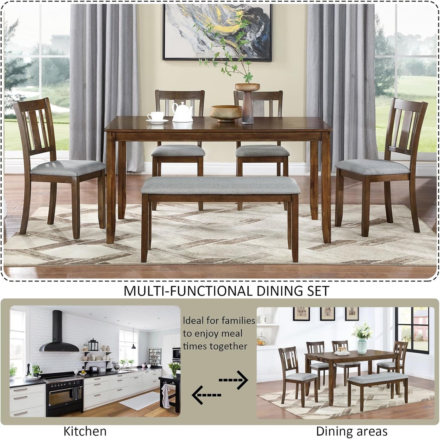 soges 6 Piece Kitchen Dining Table Set, Wooden Dining Table with 4 Upholstered Chairs and a Bench for 6 People, Living Room, Home and Kitchen, Table Chairs Set, Walnut