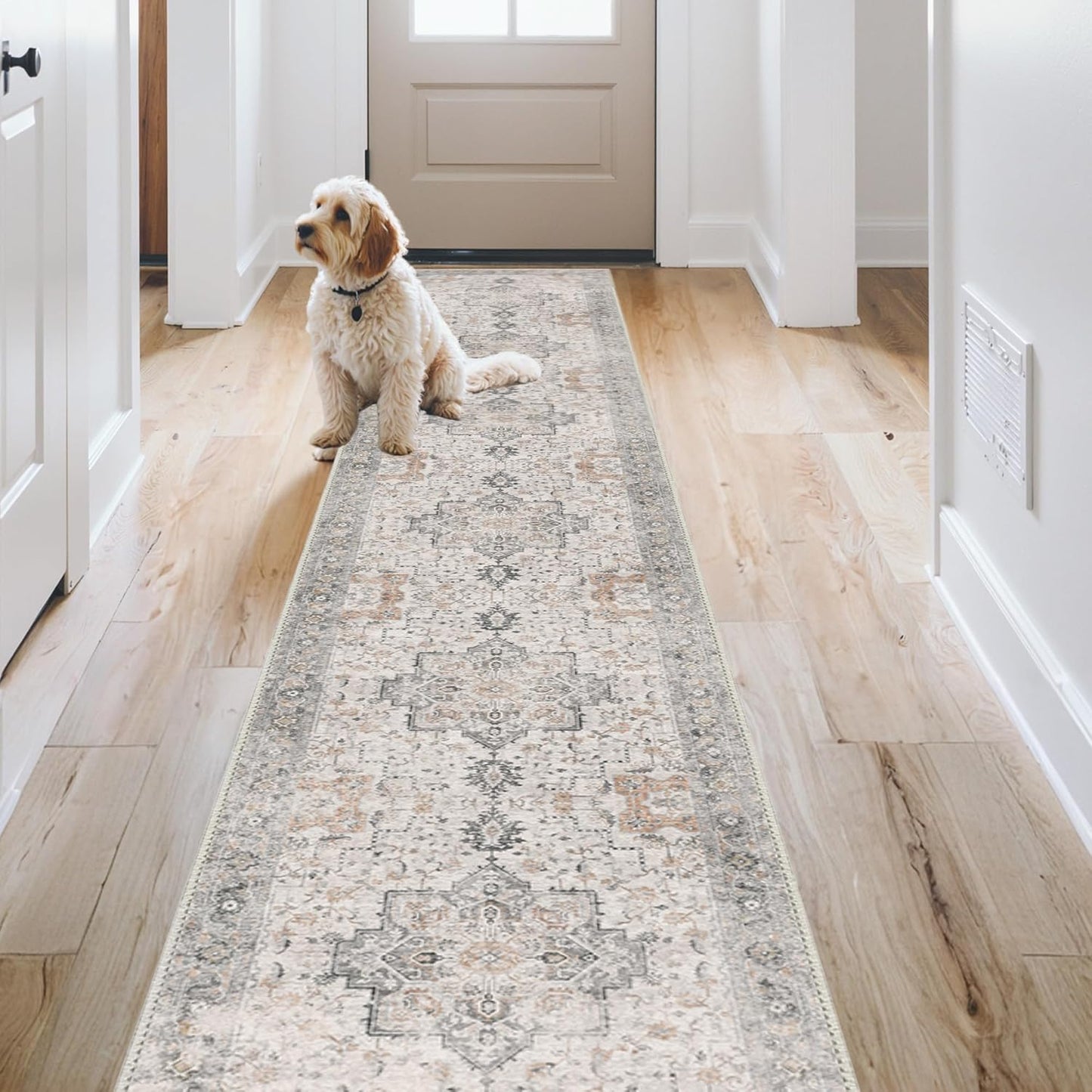 GENIMO Runner Rug 2x10 Machine Washable Non Slip Vintage Hallway Runner Rug, Low Pile Lightweight Rugs for Indoor Entryway, Hallway, Kitchen and Corridor, Light Taupe Brown