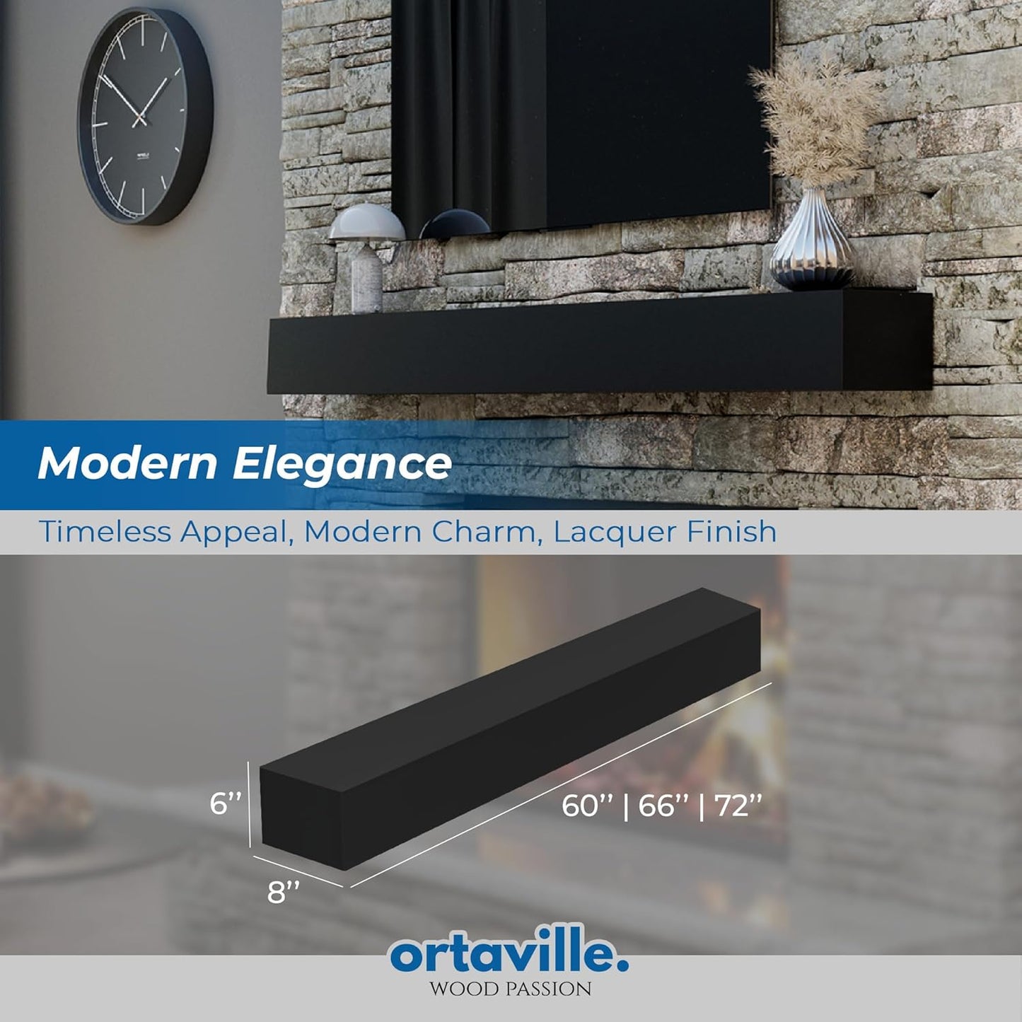 66" Floating Mantel Shelf - Modern White Fireplace Mantel with Matte Lacquer Finish for Living Room Elegance (66", Black)