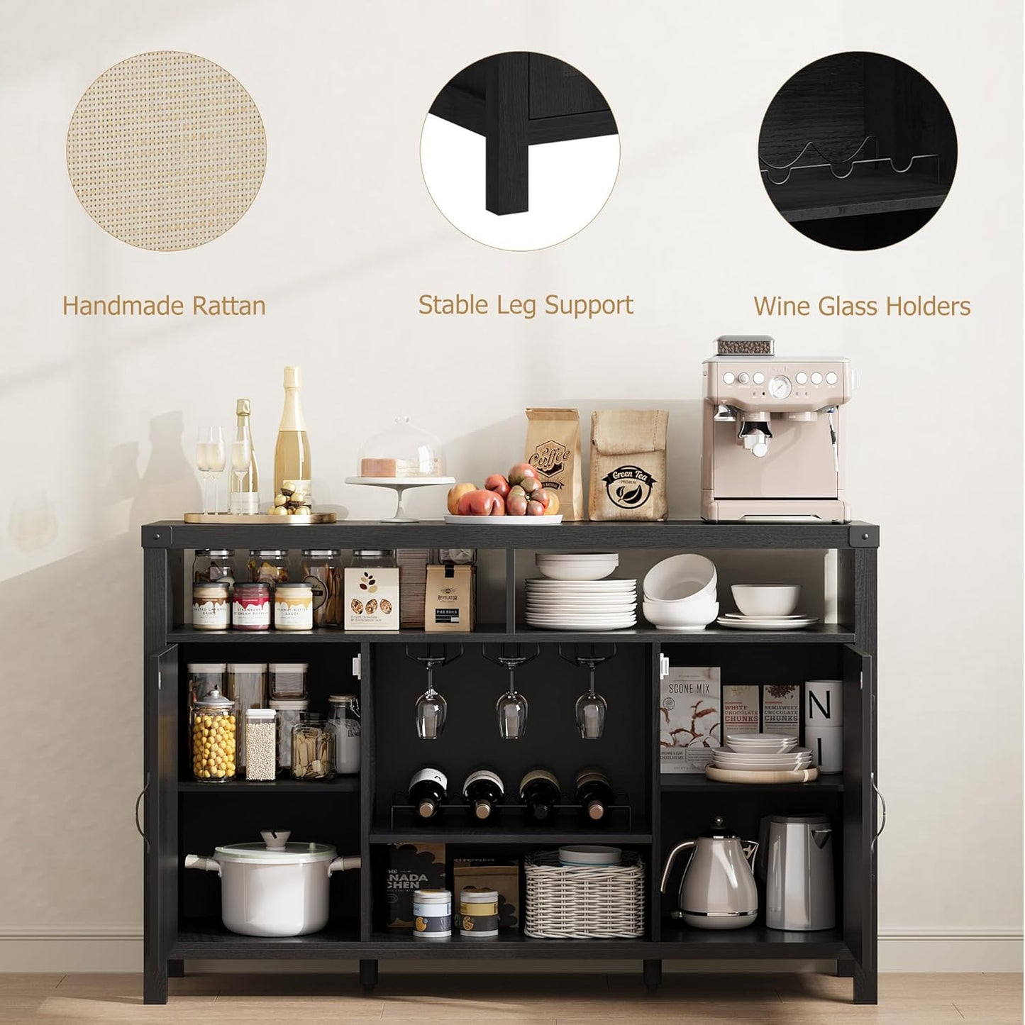 IDEALHOUSE Rattan Buffet Cabinet with Storage, Rattan Wine Bar Cabinet, Sideboard with Glass Holder, Adjustable Shelves, Coffee Bar Cabinet for Living Room Dining Room Hallway, Black