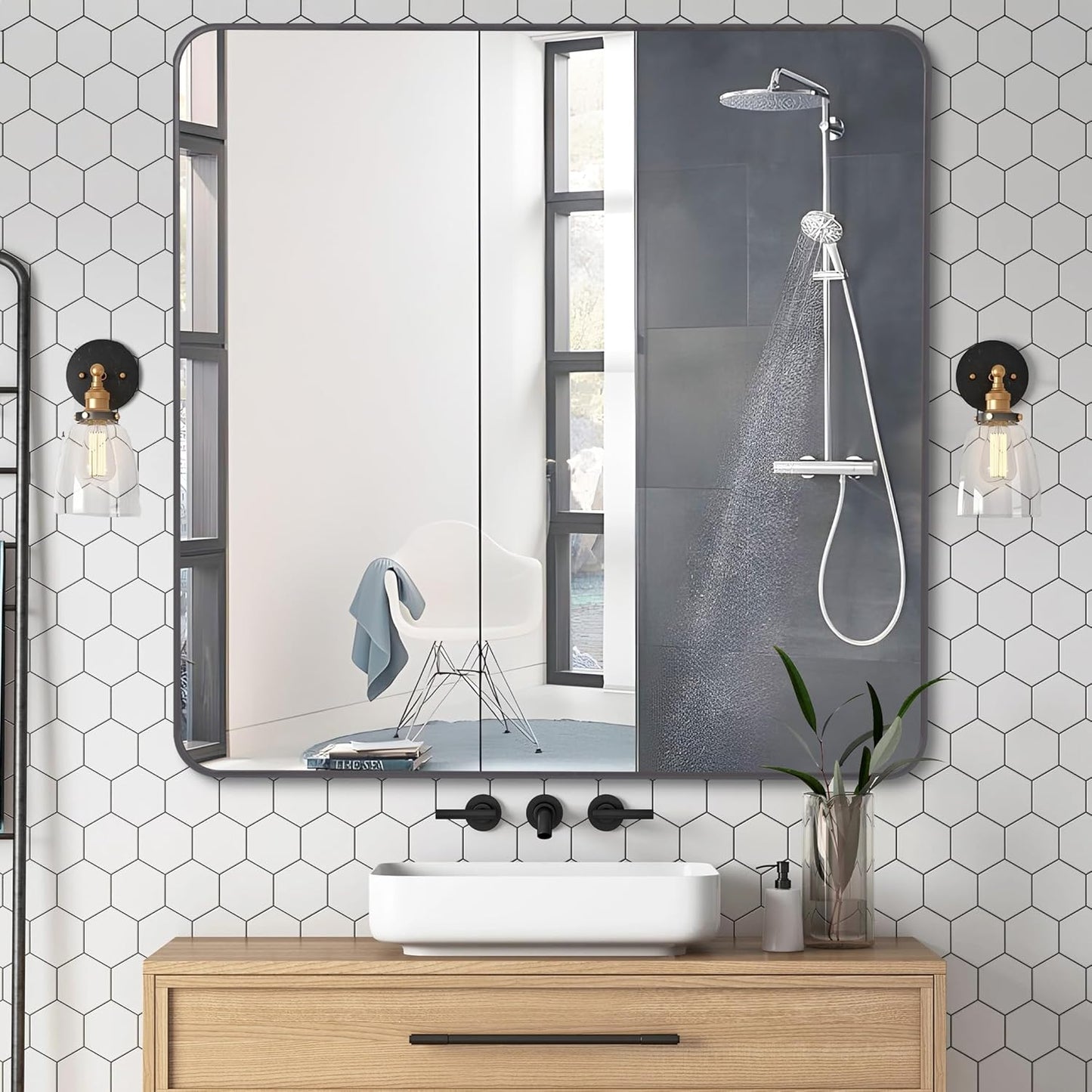 36" x 36"Bathroom Mirror, Matte Black Wall Mirror with Metal Frame, Decorative Rectangular Vanity Mirror for Bedroom Bathroom Living Room Entryway (Horizontal/Vertical)