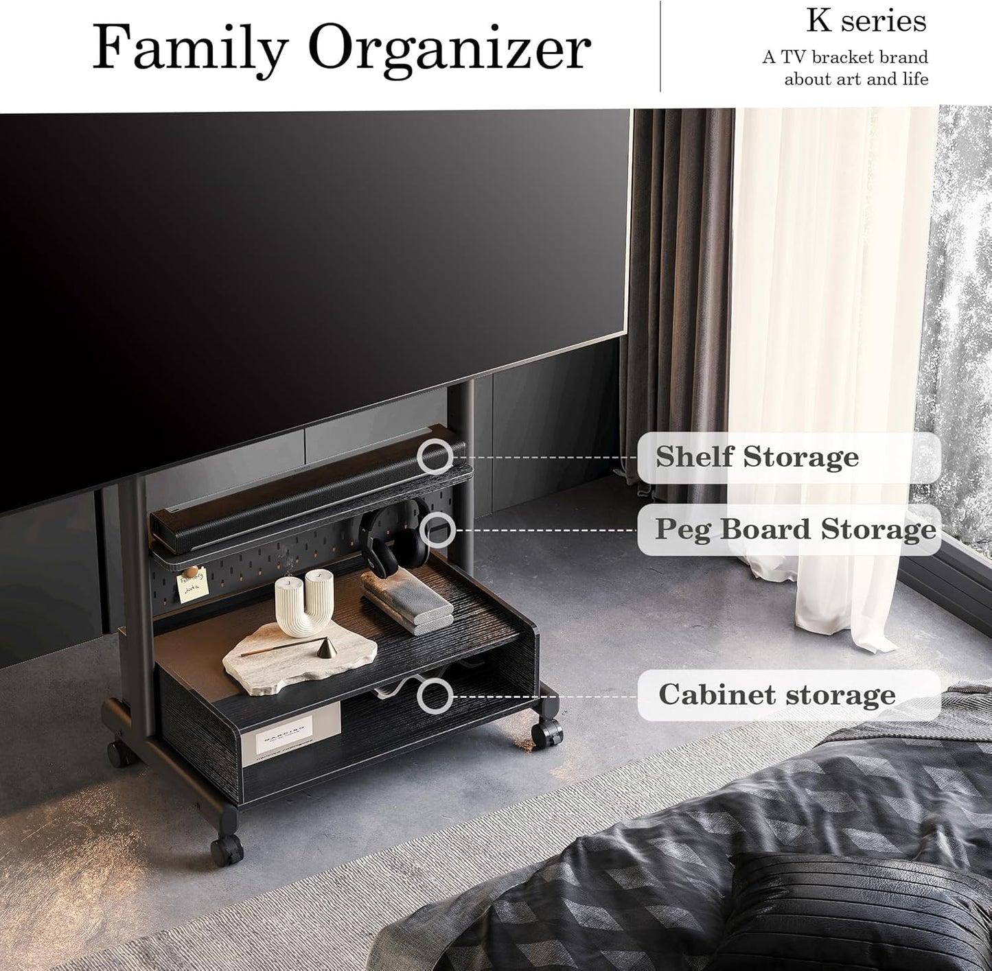 FITUEYES Rolling TV Floor Stand for 40-85in TVs, Heavy Duty Mobile TV Stand on Wheels Lockable, TV Cart with Wooden Large Storage Shelf & Pegboard Hold up to 132 lbs for Bedroom, Living Room, Office