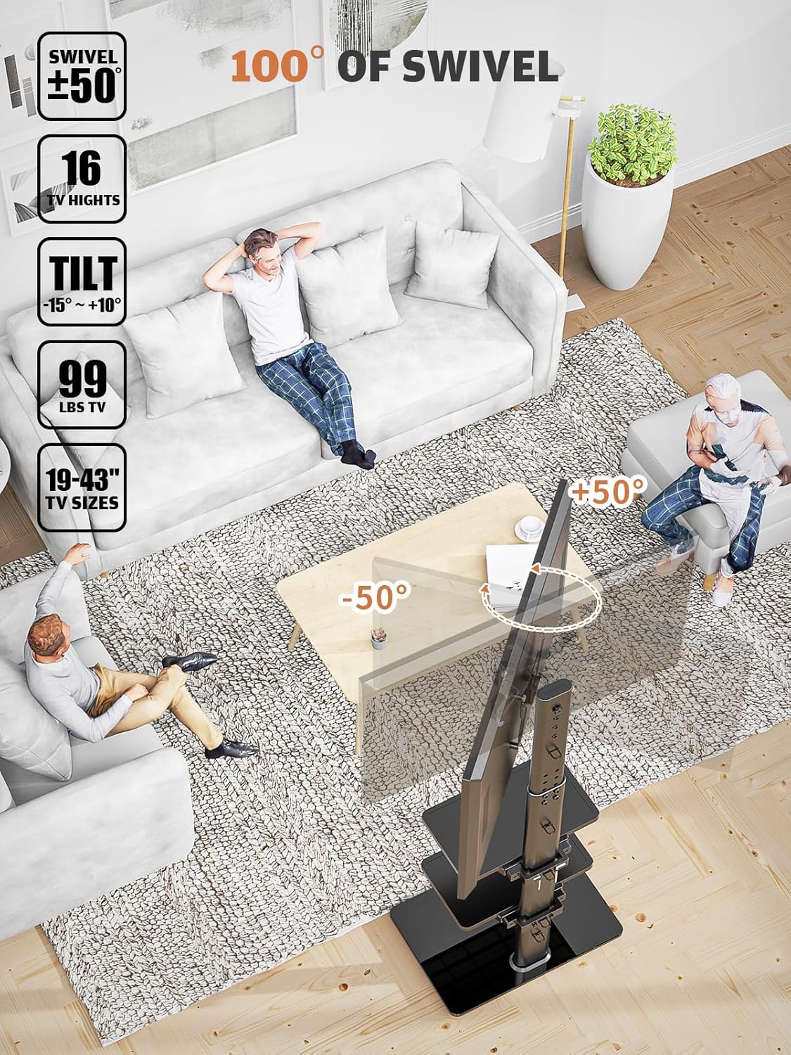 Universal Floor TV Stand with Mount for 19 to 43 inch Flat Screen TV, 100 Degree Swivel,Adjustable Height and Tilt Function, 3 Shelves Space Saving Standing TV Mount for Bedroom Living Room Corner