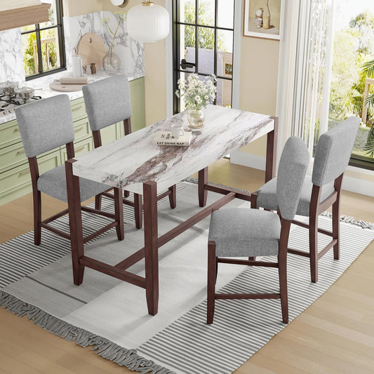 Ball & Cast 5-Piece Dining Table Set for 4,Kitchen Table Set W/Faux Marble Bar Table,Counter Height Living Room Furniture W/ 4 Upholstered Chairs,for Dining Room,Pub Kitchen,Small Place,Gray+White