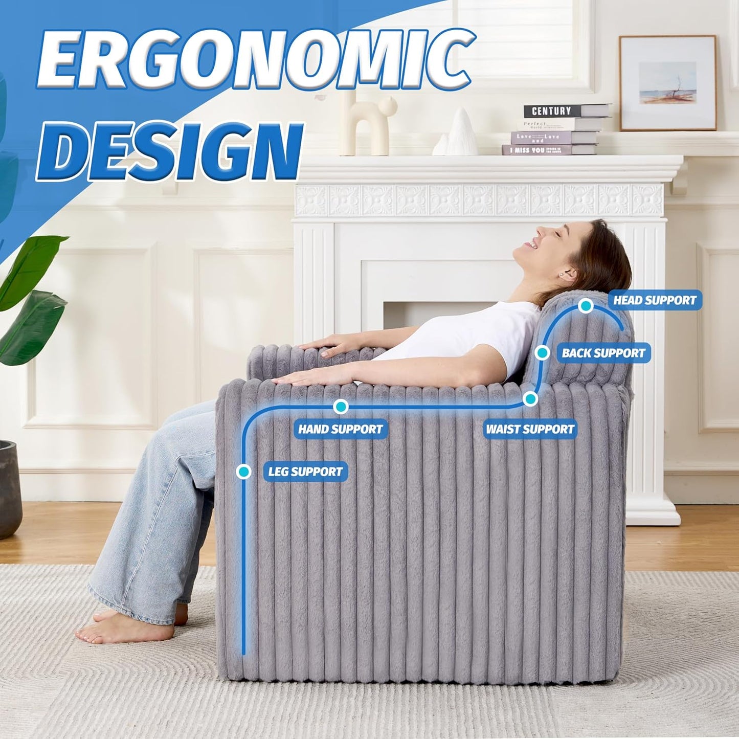 HABUTWAY Giant Bean Bag Chairs for Adults with Armrests, High Backrest Bean Bag Lounge Lazy Sofa with Durable Elastic Foam Filling & Comfy Fabric, Single Couch for Bedroom/Dorm/Living Room(Grey)