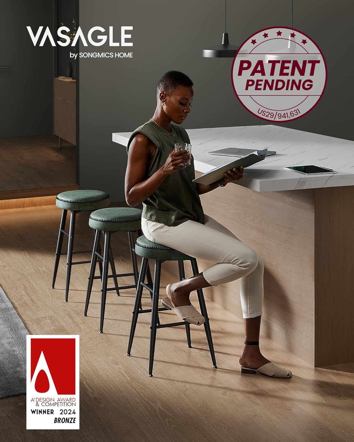 VASAGLE EKHO Collection - Bar Stools Set of 2, Counter Height Bar Stools, Kitchen Counter Stools, Mid-Century Modern Backless Counter Stools, 24.8-Inch Tall, Kitchen Island Home Bar, Forest Green