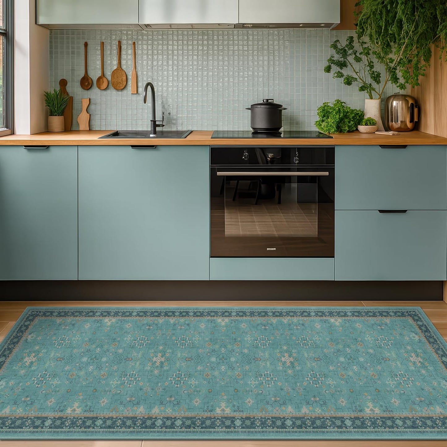 Boho 2x6 Non Slip Kitchen Rug Runner - Teal Washable Rug for Bathroom, Laundry Room, Hallway, Non Slip with Rubber Backing, Floral Aqua Blue Unique Runner Décor