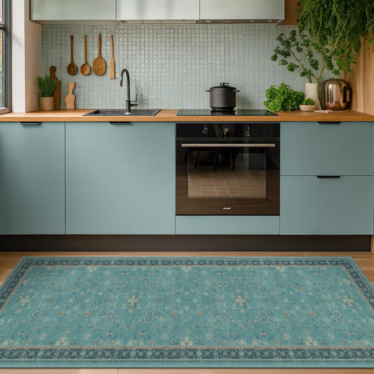 Boho 2x6 Non Slip Kitchen Rug Runner - Teal Washable Rug for Bathroom, Laundry Room, Hallway, Non Slip with Rubber Backing, Floral Aqua Blue Unique Runner Décor
