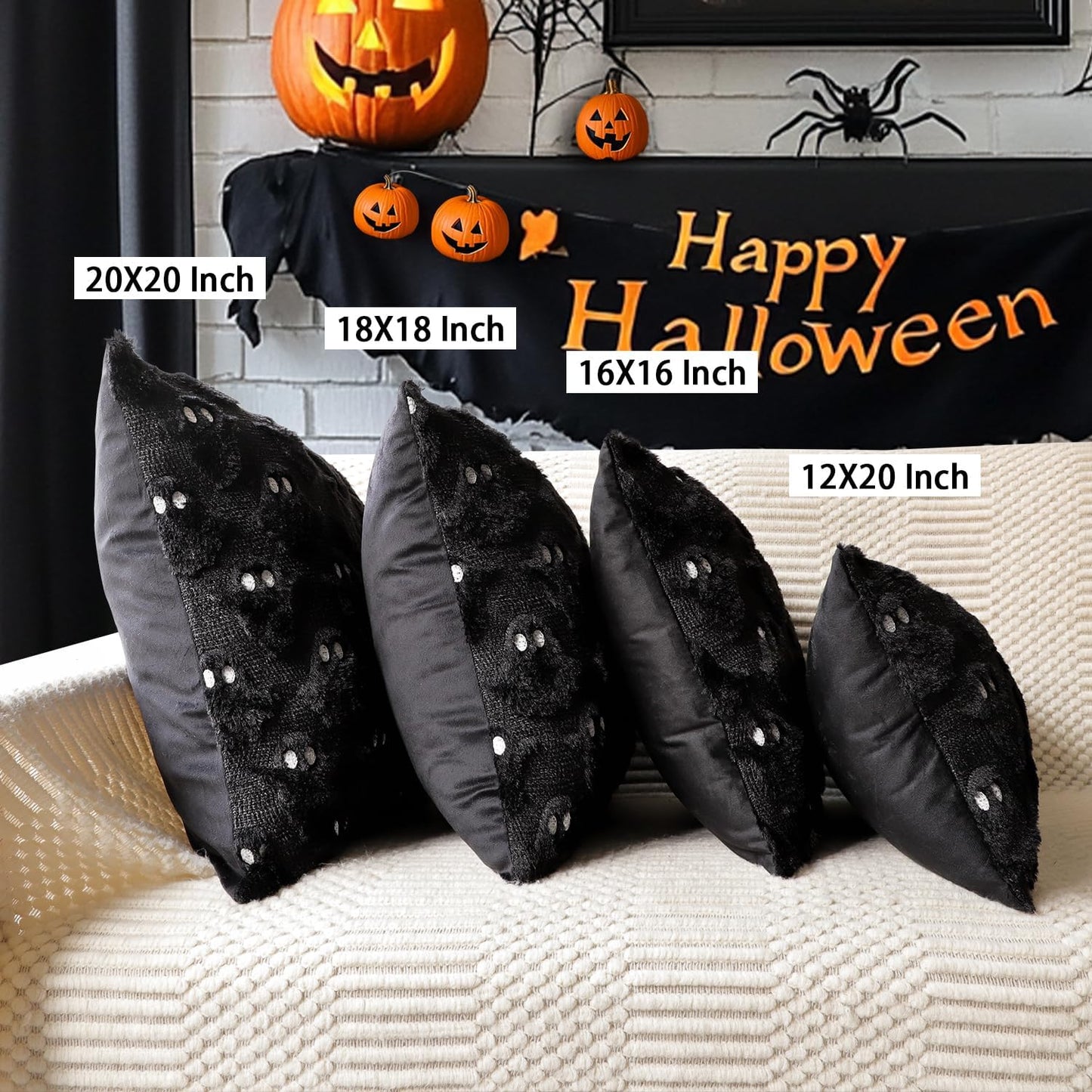 4TH Emotion Halloween Ghost Decorative Pillow Covers 16x16 Set of 2, Black Soft Plush Faux Fur Farmhouse Throw Cushion Cases for Fall Autumn Holiday Home Decorations