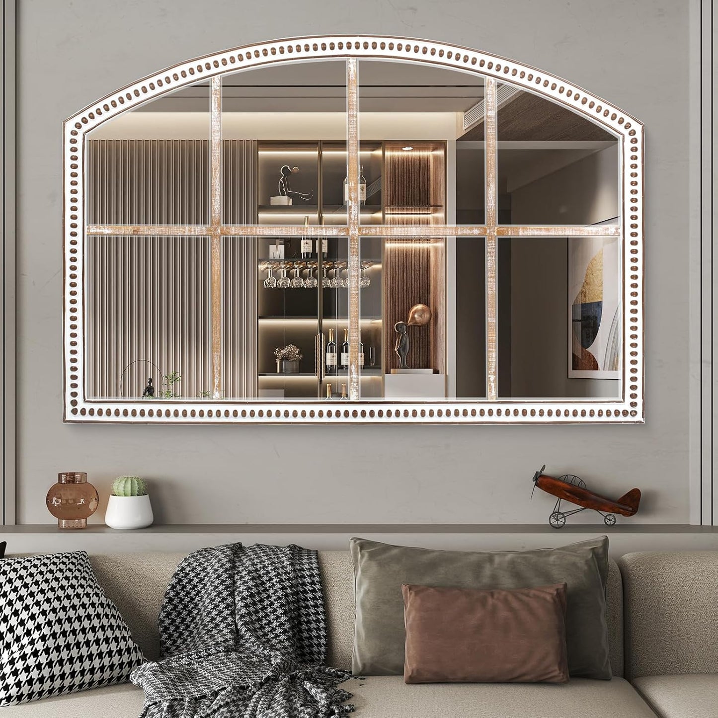 Farmhouse Windowpane Wall Mirror 28x42 Inch, Large Rustic White Wood Mirror Decorative for Living Room, Bedroom, Entryway, Hallway