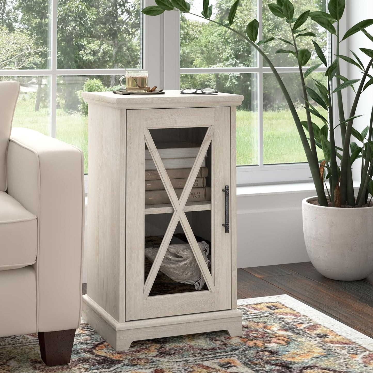 Bush Furniture Lennox Small Farmhouse End Table with Storage in Linen White Oak | Living Room Organization