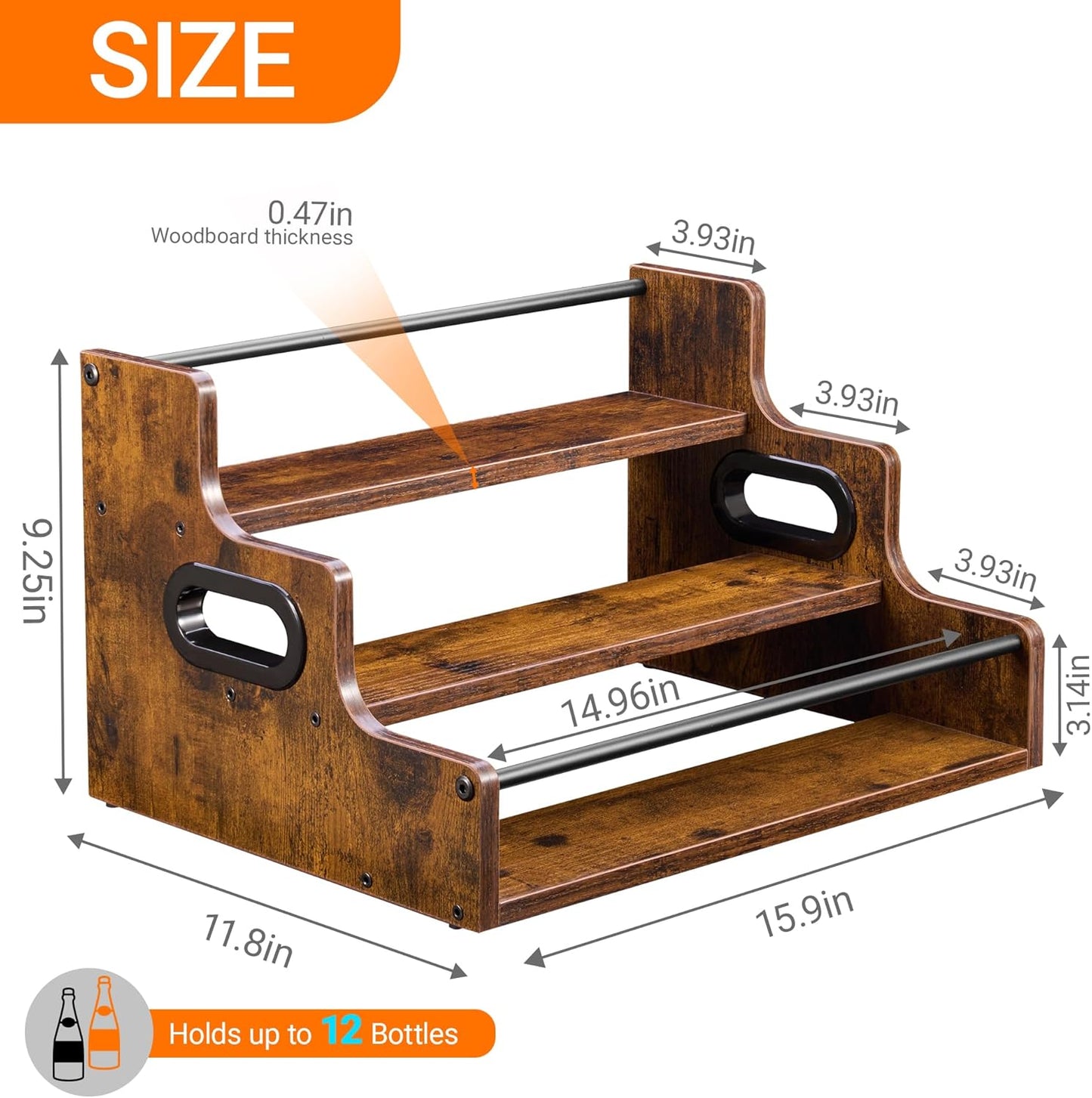 3-Tier Liquor Bottle Display Shelf - Holds up to 12 Bottles, Rustic Wood Bar Shelves for The Home Bar, Countertop Whiskey and Bourbon Organizer with Anti-Slip Pads