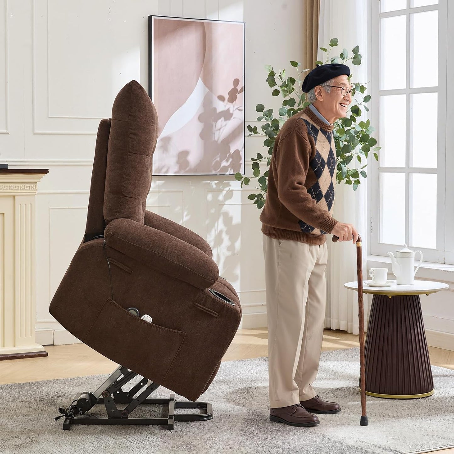 GarveeHome Power Lift Recliner Chair for Elderly with Massage and Heat, Oversized Electric Massage & Heat Recliner with Soft Padded Upholstery, Side Pocket & Cup Holders for Living Room, Brown