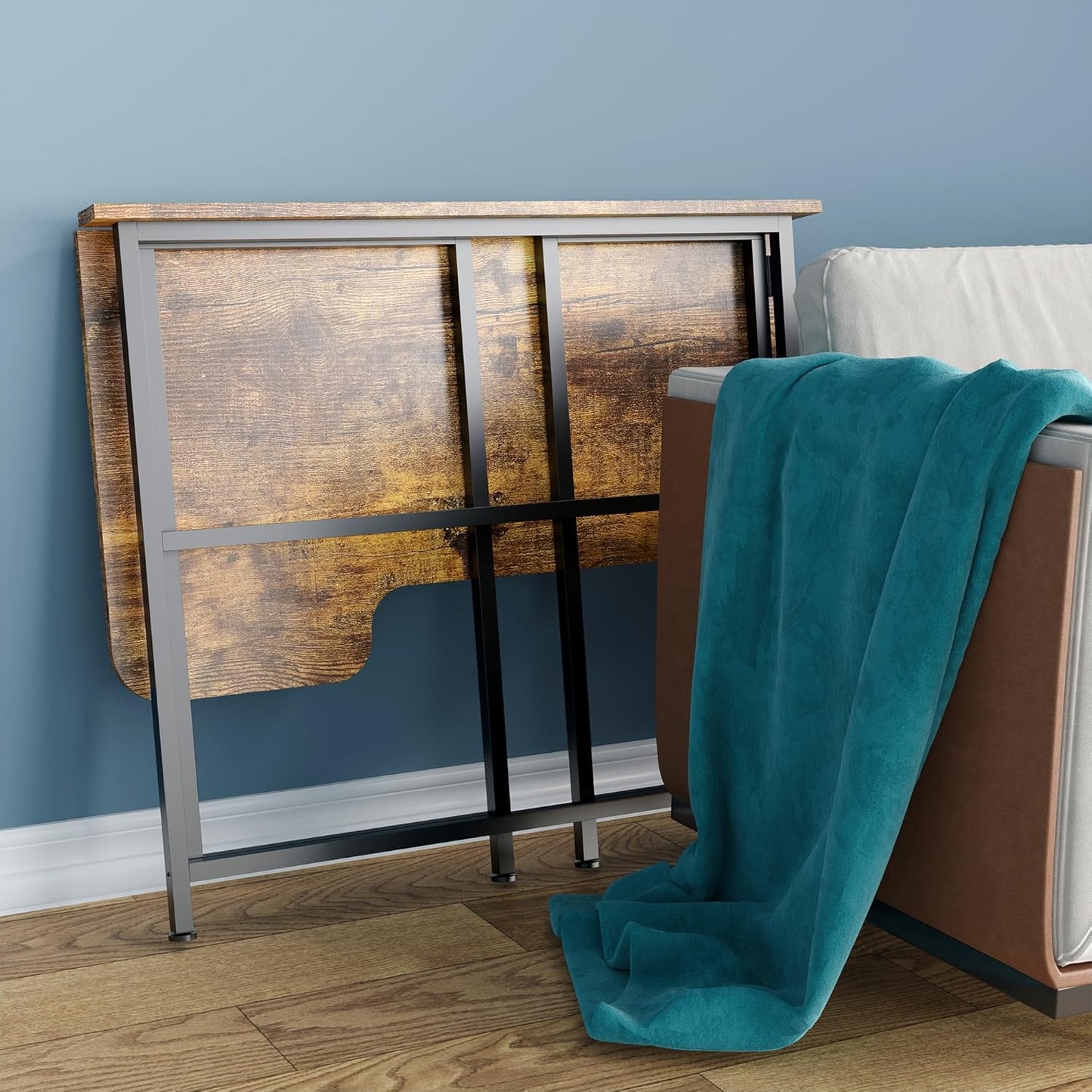 4NM Folding Desk, 35.4 Inch Small Foldable L Desk for Small Spaces, Space Saving Computer Table Writing for Home Office Bedroom, Easy Assembly, Rustic Brown