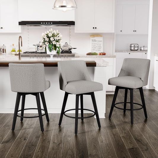 Counter Height Swivel Bar Stools Set of 3, 26 Inch Bar Stools with Footrest, Linen Fabric Upholstered Barstools with Back and Solid Wood Legs for Kitchen Island, Dining Room,Pub,Light Grey