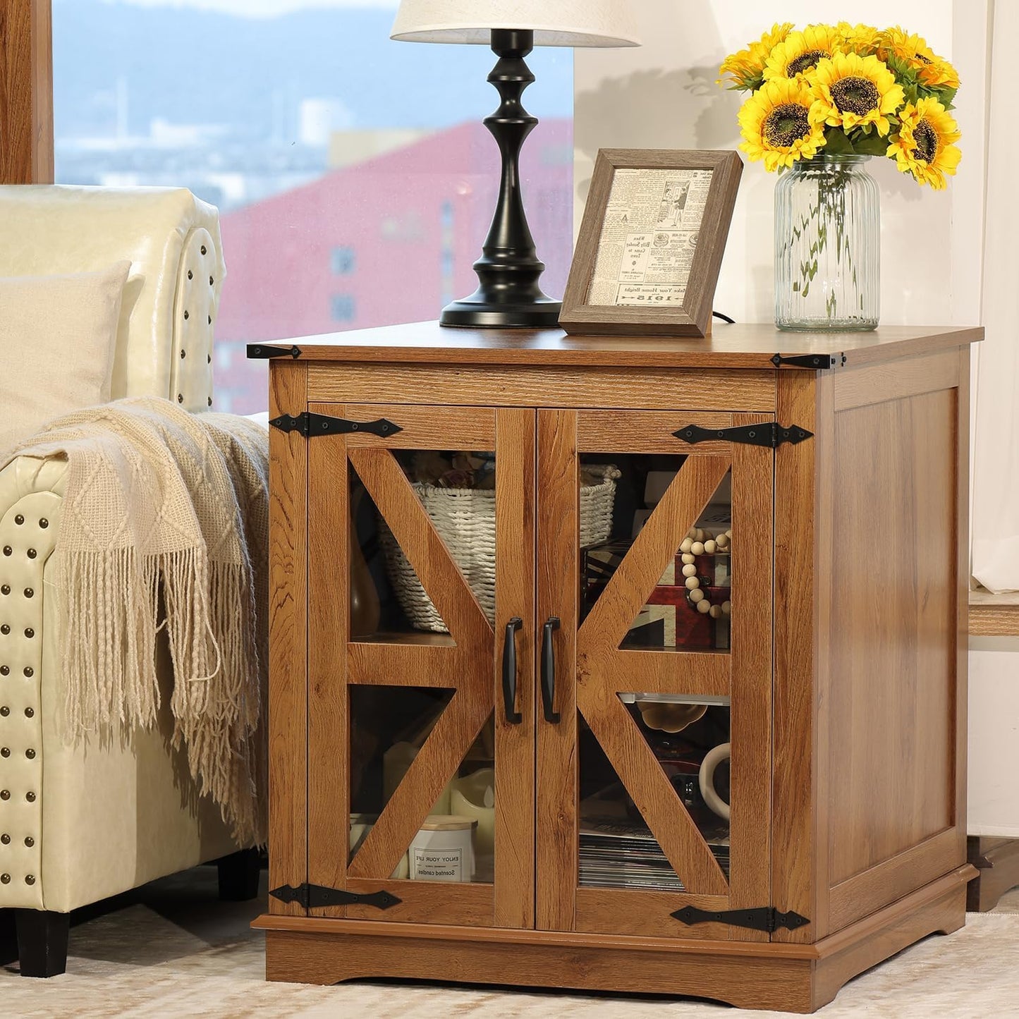 Farmhouse End Table, 24" Large End Tables with Storage, Rustic Square Sofa Beside Table with Glass Barn Door, Wood Side Table Square Nightstand for Living Room, Bedroom, Office (Vintage Brown)