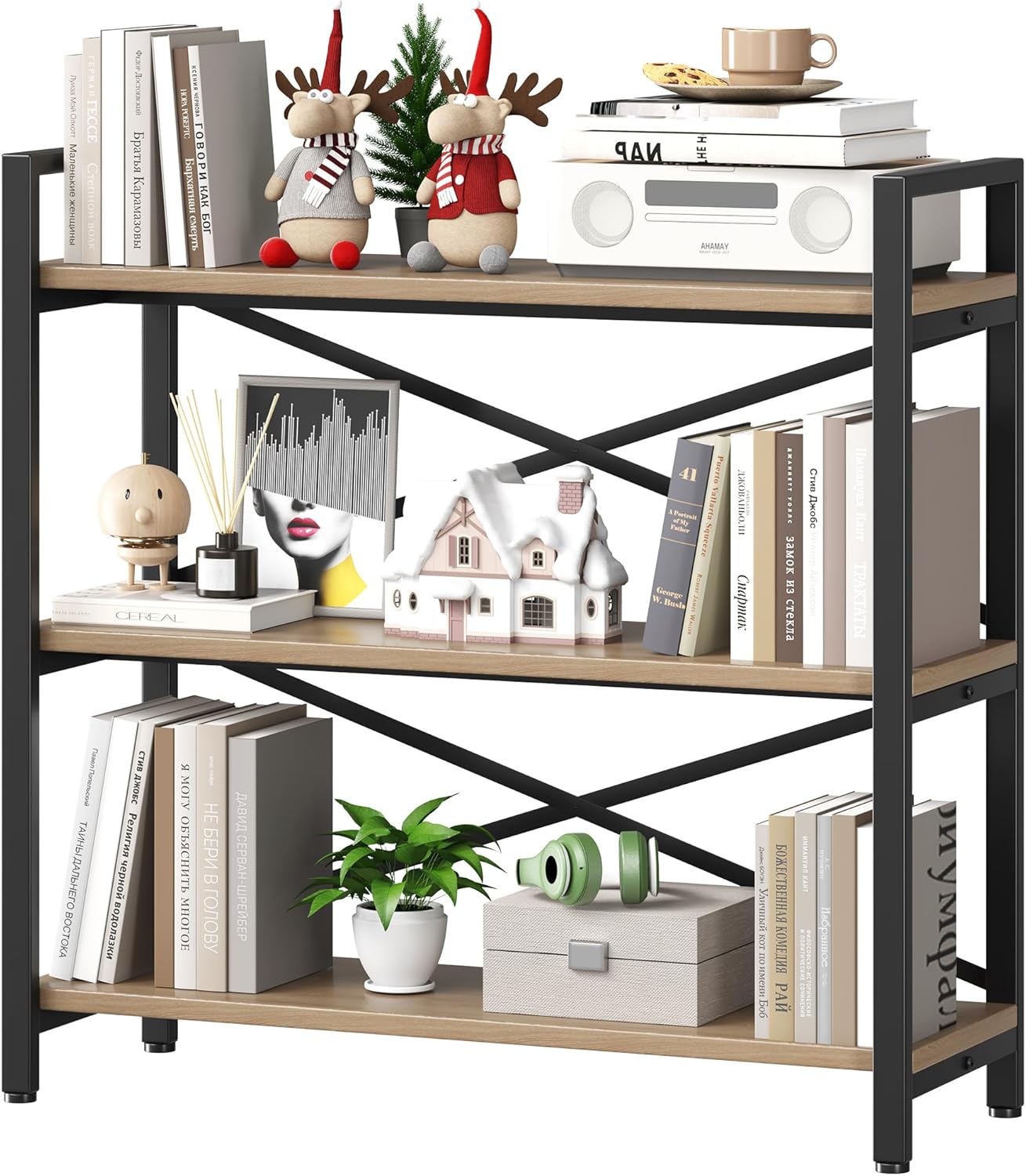 Homeiju 3 Tier Bookshelf 31.49" Width, Wood and Metal Etagere Bookcase, Vintage Farmhouse Modern Wooden Big Book Shelf for Home Living Room Bedroom Office Storage(Light Coffee)